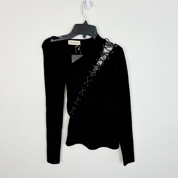 NICHOLAS Cosima Long Sleeve Ribbed Lace Up Top in Black Size S - Picture 2 of 11